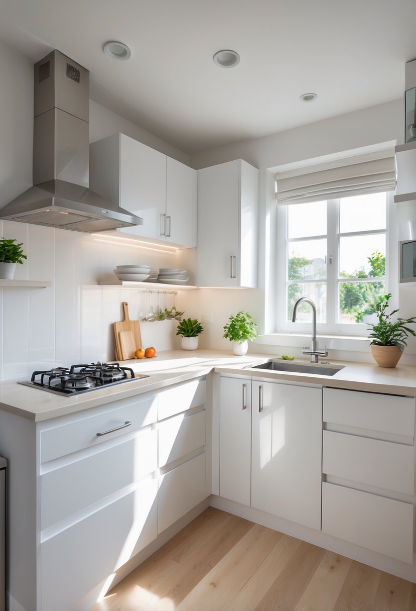 A small L-shaped kitchen with white cabinets, a corner sink, stove, open shelves, and natural light coming through a window.