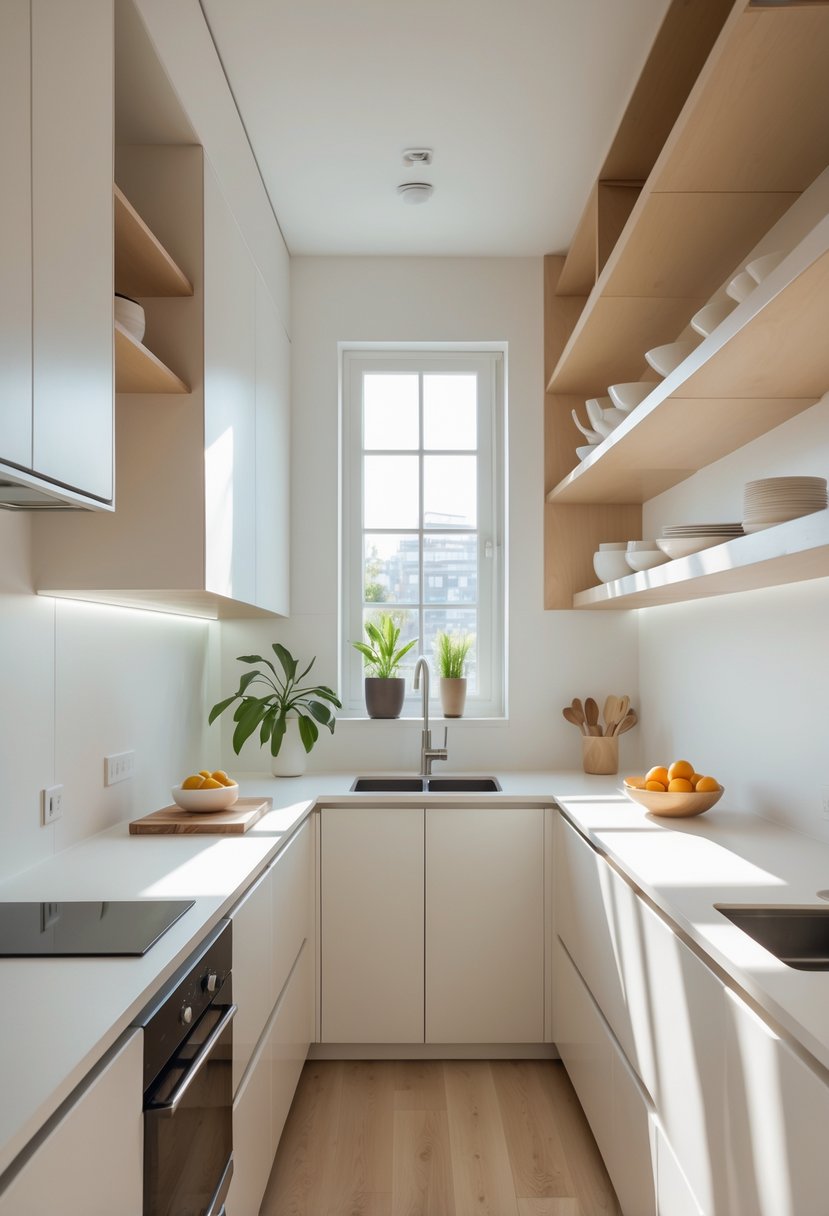 A small narrow kitchen with cabinets, countertop, sink, stovetop, and natural light from a window.
