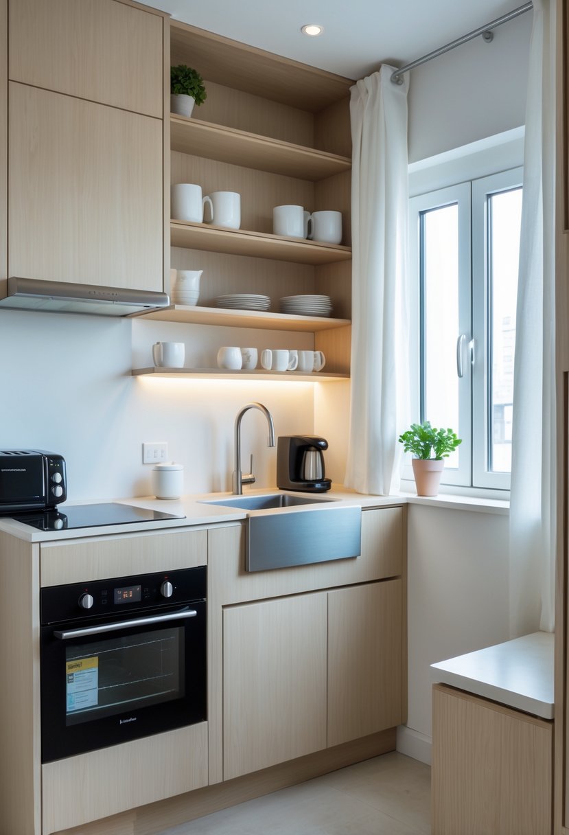 A small modern kitchen in an apartment with light wood cabinets, a built-in stovetop, sink, open shelves, and a small window with a potted plant.