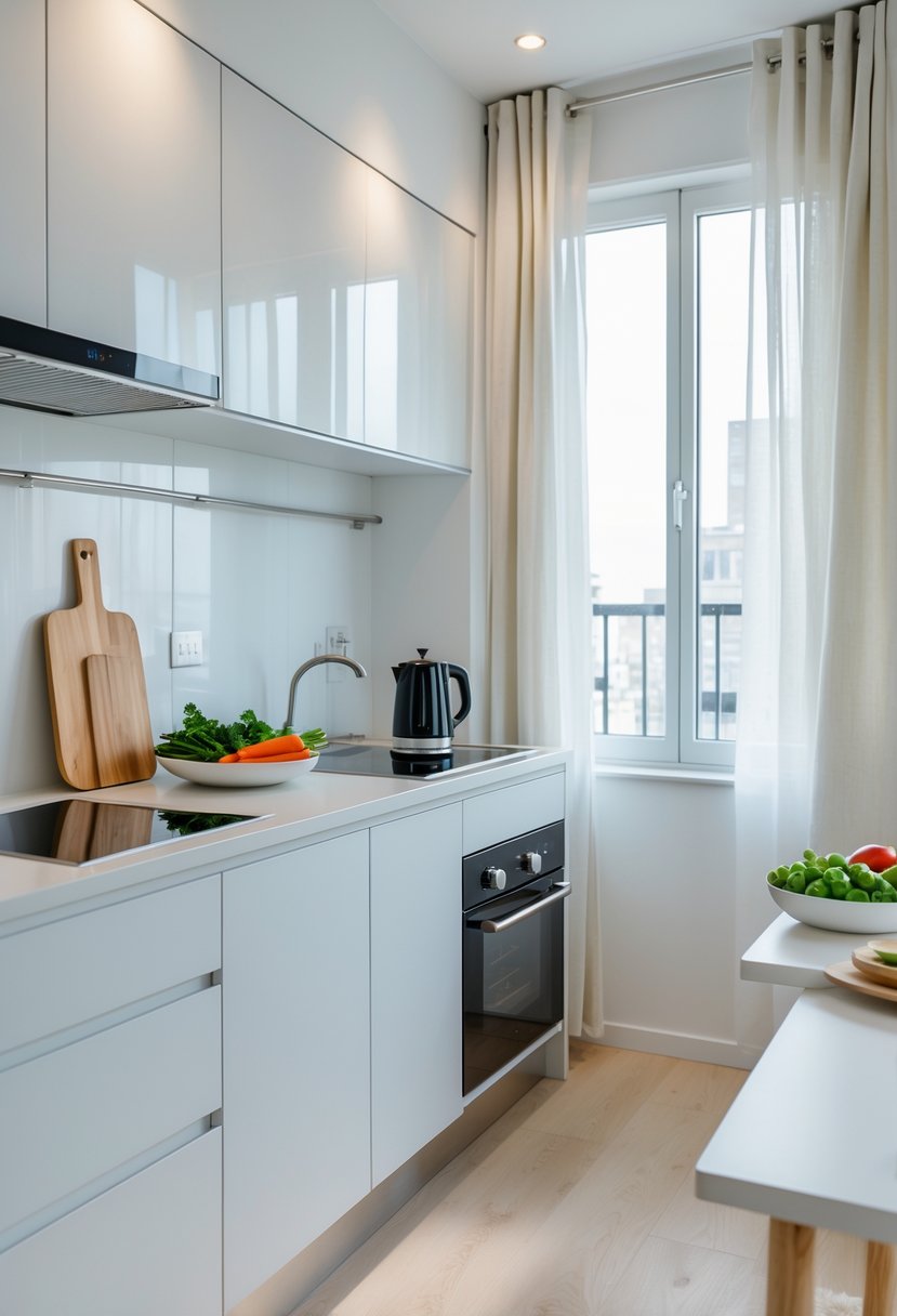 A small, modern apartment kitchenette with white cabinets, a sink, stove, and countertop with kitchen items, illuminated by natural light.