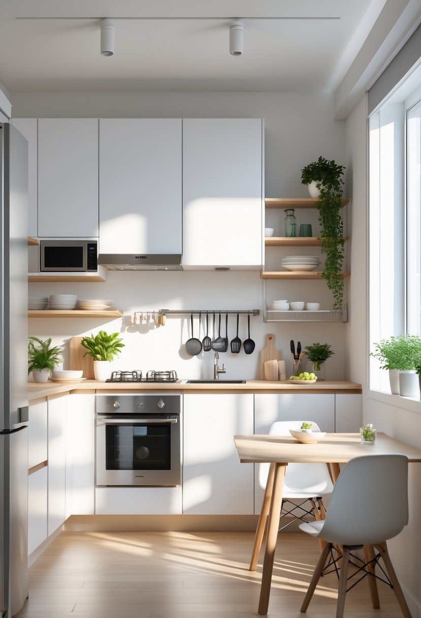 A small, modern kitchen in an apartment with white cabinets, stainless steel appliances, a small dining table, and natural light coming through a window.