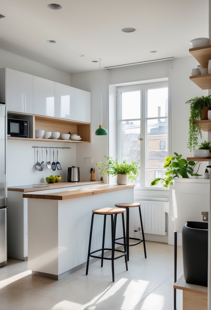 A small renovated apartment kitchen with white cabinets, stainless steel appliances, a wooden countertop island, and natural light from a window.
