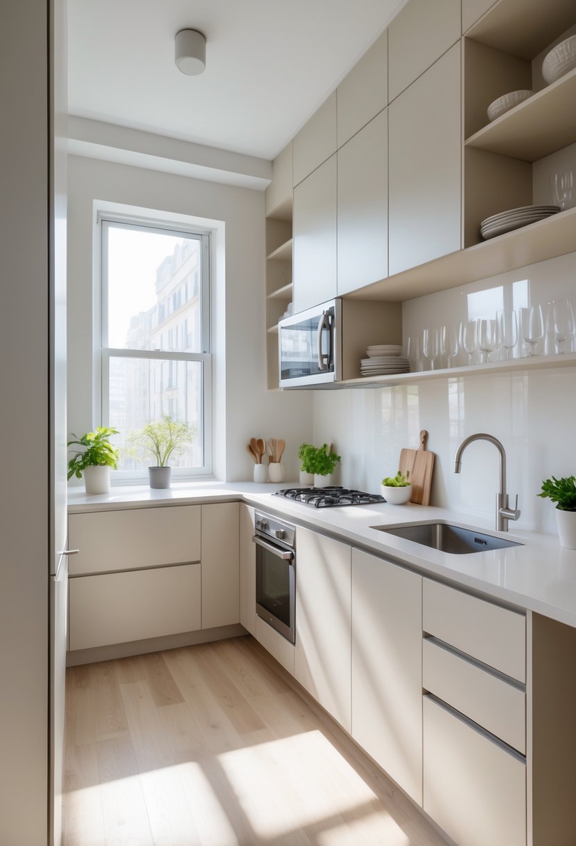 Small apartment kitchen with modern cabinets, open shelves, countertop appliances, and natural light.