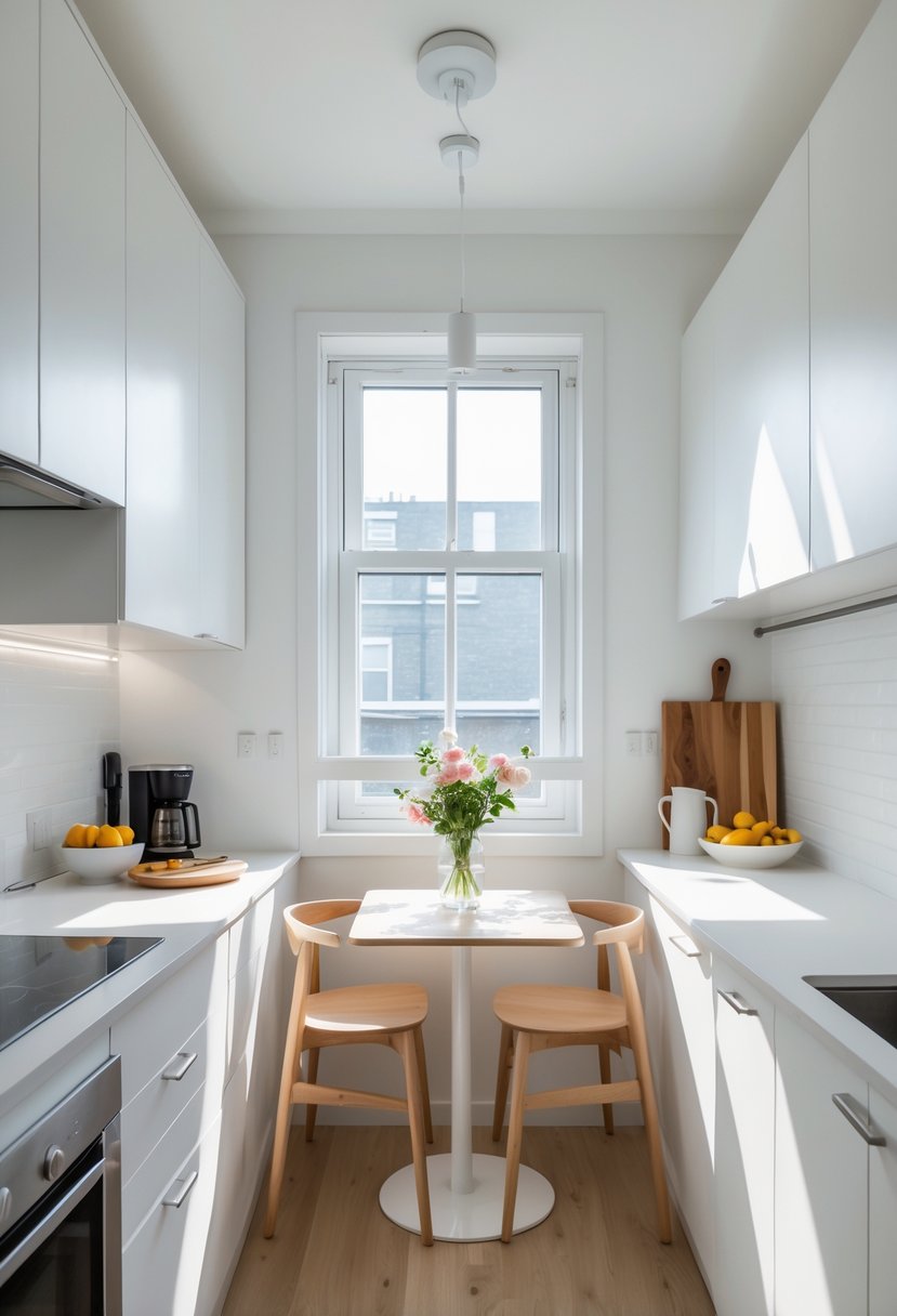 A small, bright kitchen with white cabinets, a wooden dining table, and natural light coming through a window.