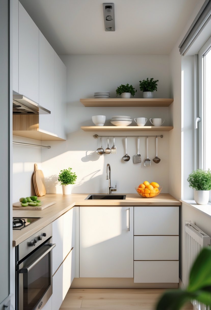 Small apartment kitchen with white cabinets, wooden countertops, stainless steel appliances, open shelves with plants, and natural sunlight.