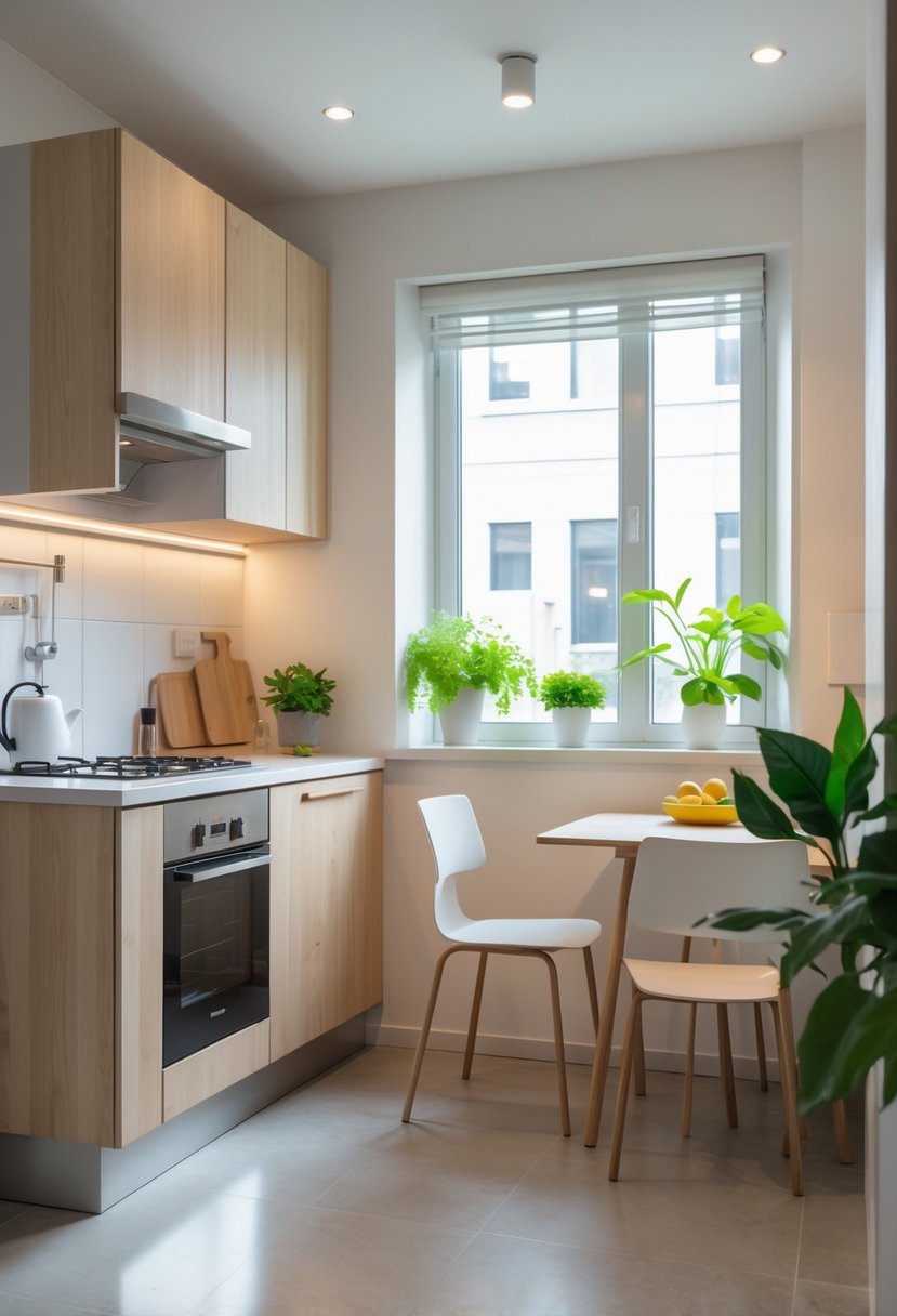 A small kitchen with light wood cabinets, white countertops, a dining nook, and potted plants, well-lit by natural light.