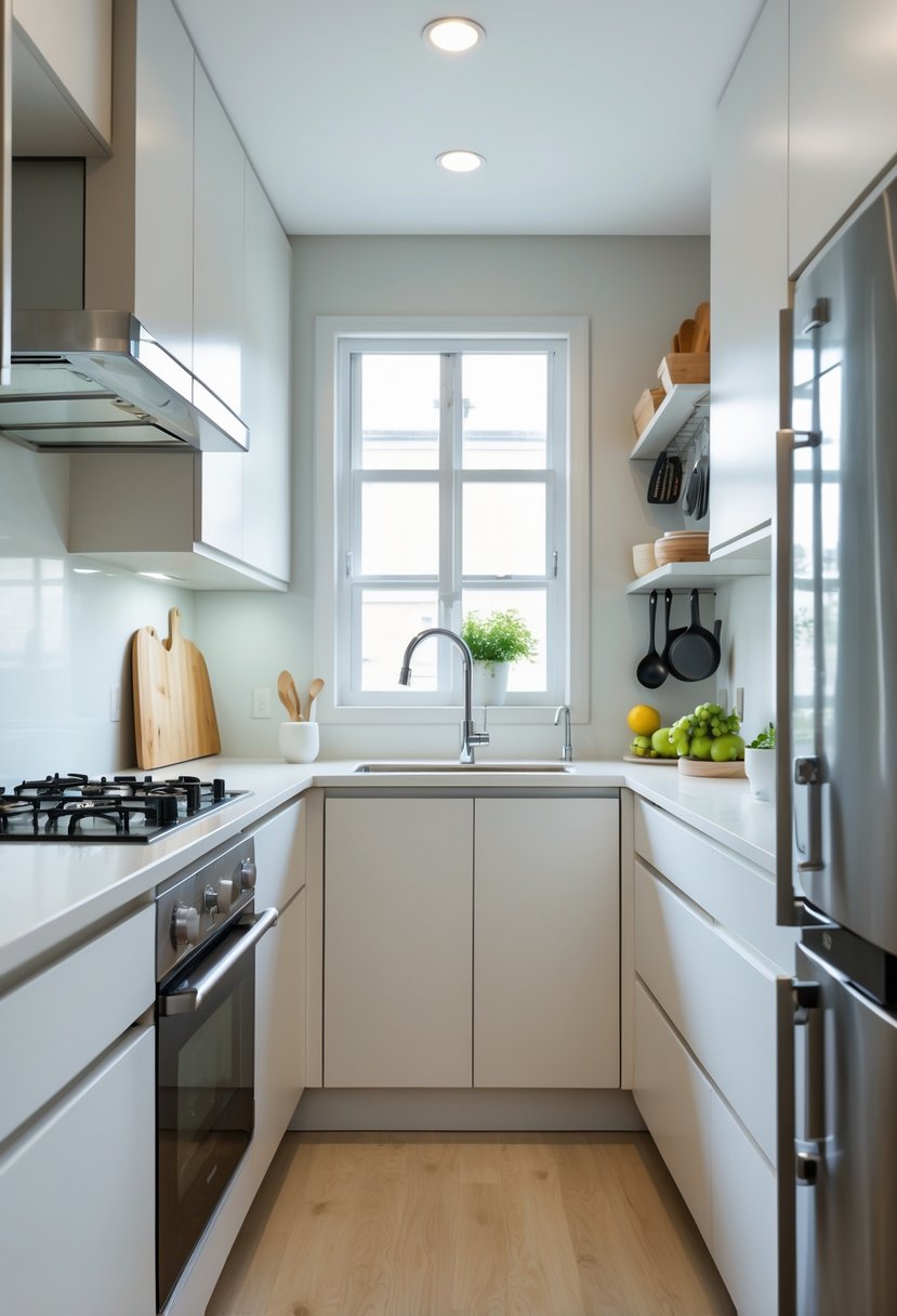A small, organized kitchen with modern cabinets, countertop appliances, and efficient layout designed to maximize space and workflow.
