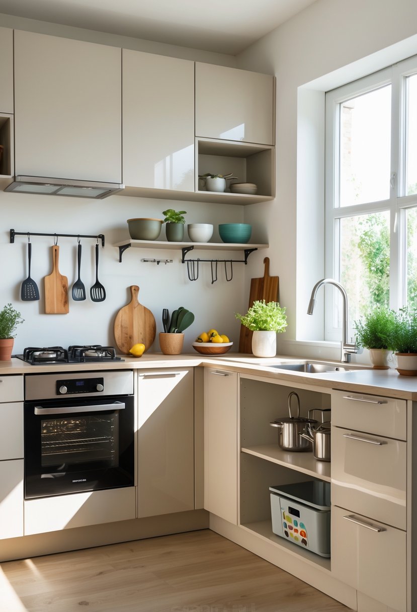 A small, modern kitchen with efficient storage, a compact stove, and a kitchen island, well-lit by natural light.