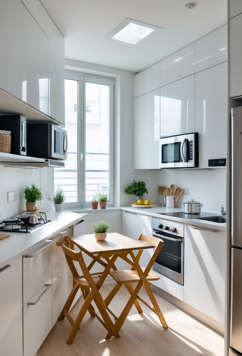 A small modern kitchen with white cabinets, compact appliances, a foldable dining table, and natural light coming through a window.