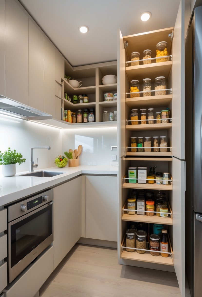 A small kitchen with a compact pantry area featuring open shelves and organized storage containers.