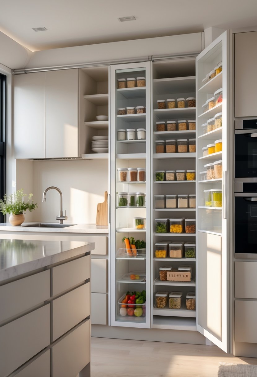 A small modern kitchen with a smart pantry featuring glass doors and organized shelves filled with food containers.
