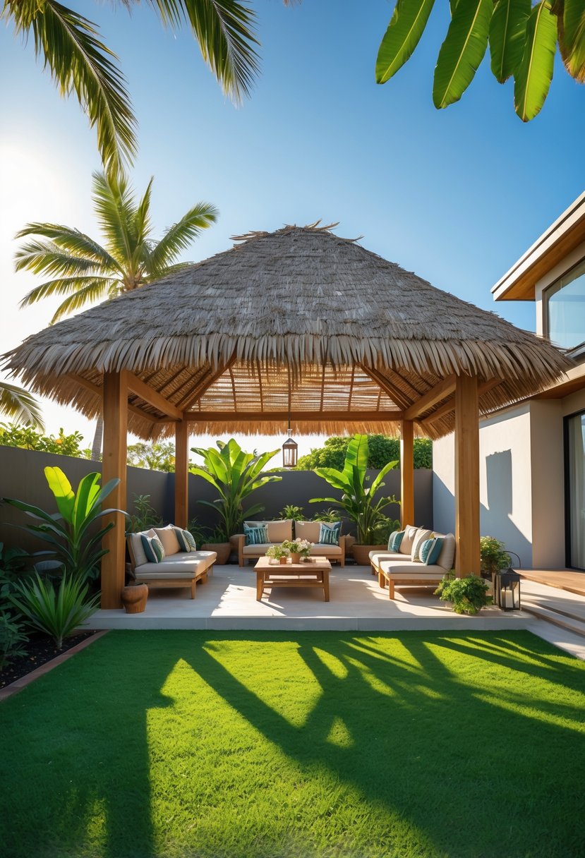 Backyard with a thatched roof palapa, outdoor furniture, tropical plants, and a clear sky.