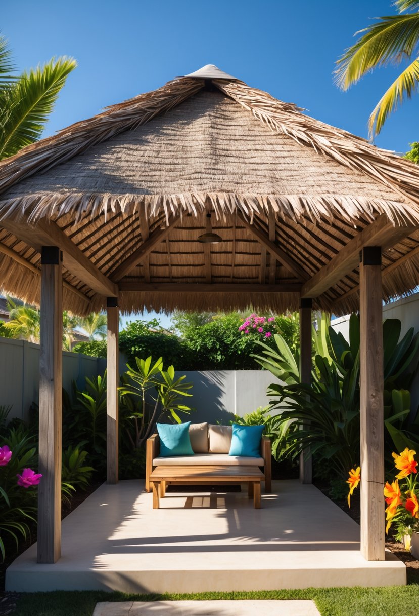 A backyard with a traditional thatched roof palapa surrounded by tropical plants and flowers under a clear blue sky.