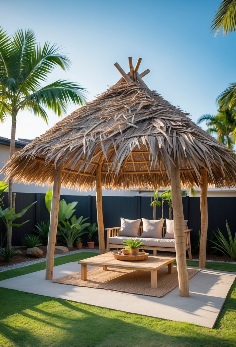 A backyard with a small palapa hut made of wooden poles and a thatched roof, surrounded by green grass and tropical plants.