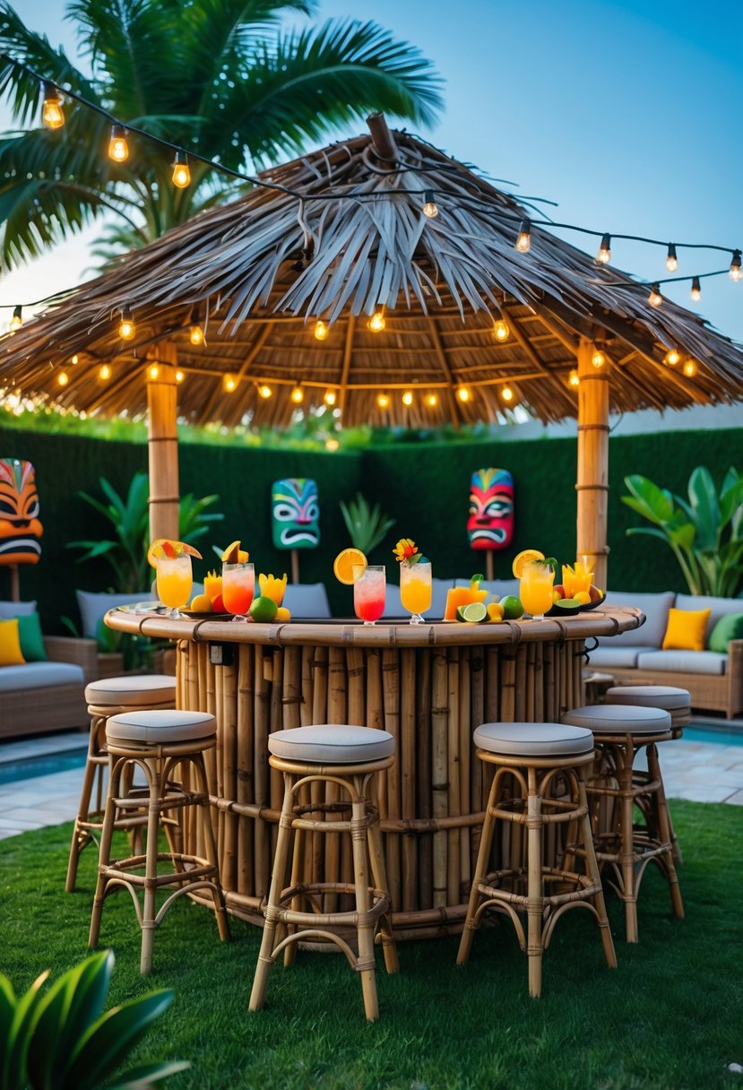 Backyard with a wooden tiki bar under a thatched roof, surrounded by tropical plants, bar stools, and outdoor seating with string lights overhead.