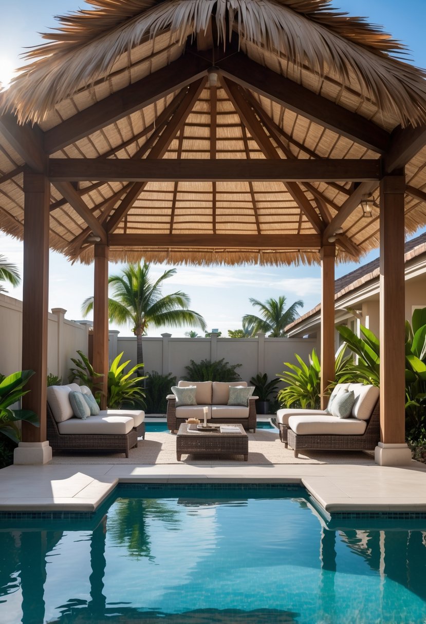A backyard pool area with a thatched palapa, cushioned lounge chairs, clear water, and tropical plants surrounding the scene.