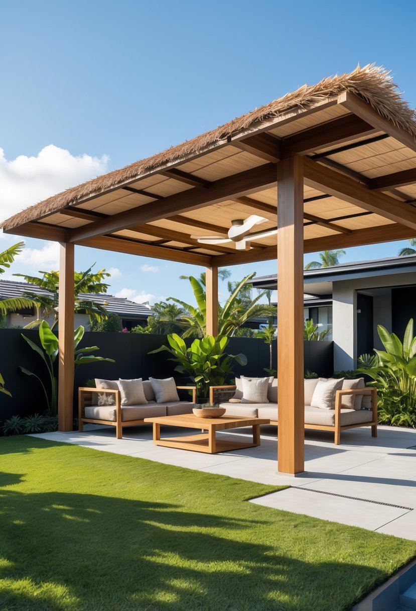 A backyard with a wooden palapa featuring a thatched roof, outdoor seating, and surrounding greenery under a clear sky.