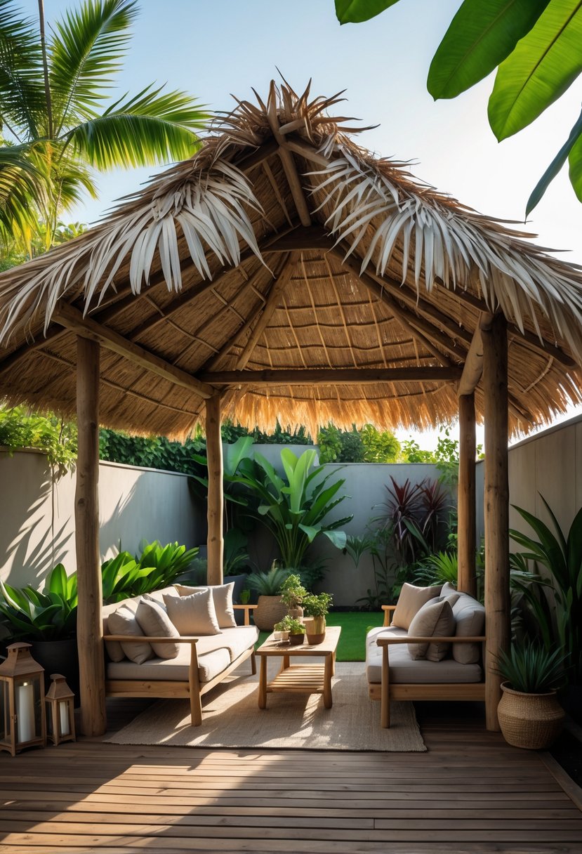 Backyard with a wooden palapa featuring a thatched roof, surrounded by green plants and outdoor seating.