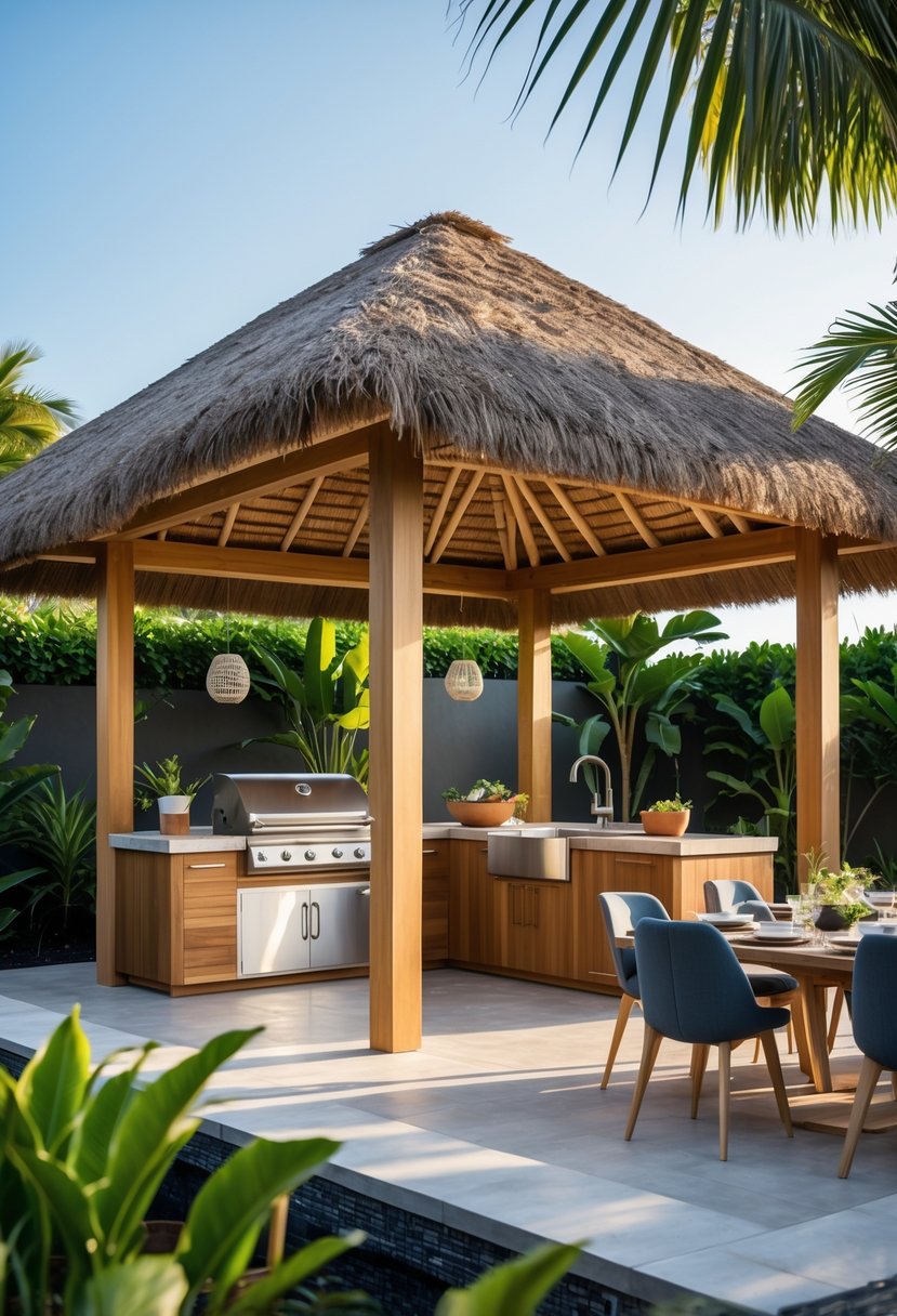 An outdoor kitchen under a wooden palapa with a thatched roof, featuring a grill, countertop, and seating area surrounded by tropical plants.
