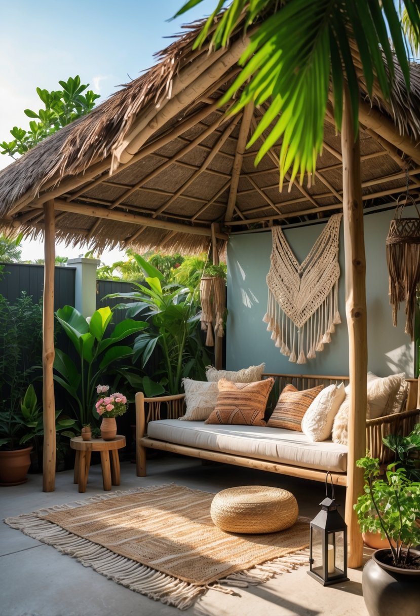 A backyard with a wooden palapa surrounded by plants and comfortable seating under a thatched roof.