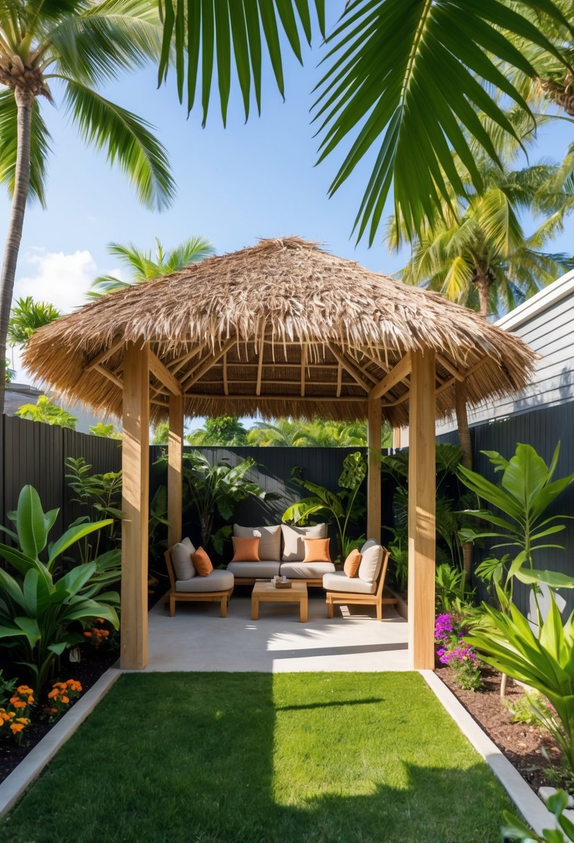Small backyard with a compact palapa made of wooden posts and thatched roof, surrounded by green grass, tropical plants, and outdoor seating.