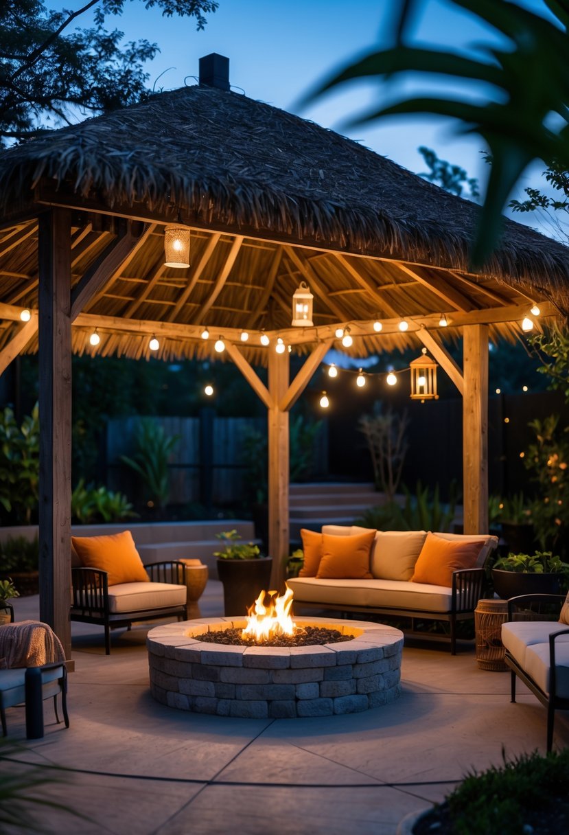Backyard palapa with a thatched roof covering a stone fire pit surrounded by cushioned seating and warm lighting in a garden setting at twilight.