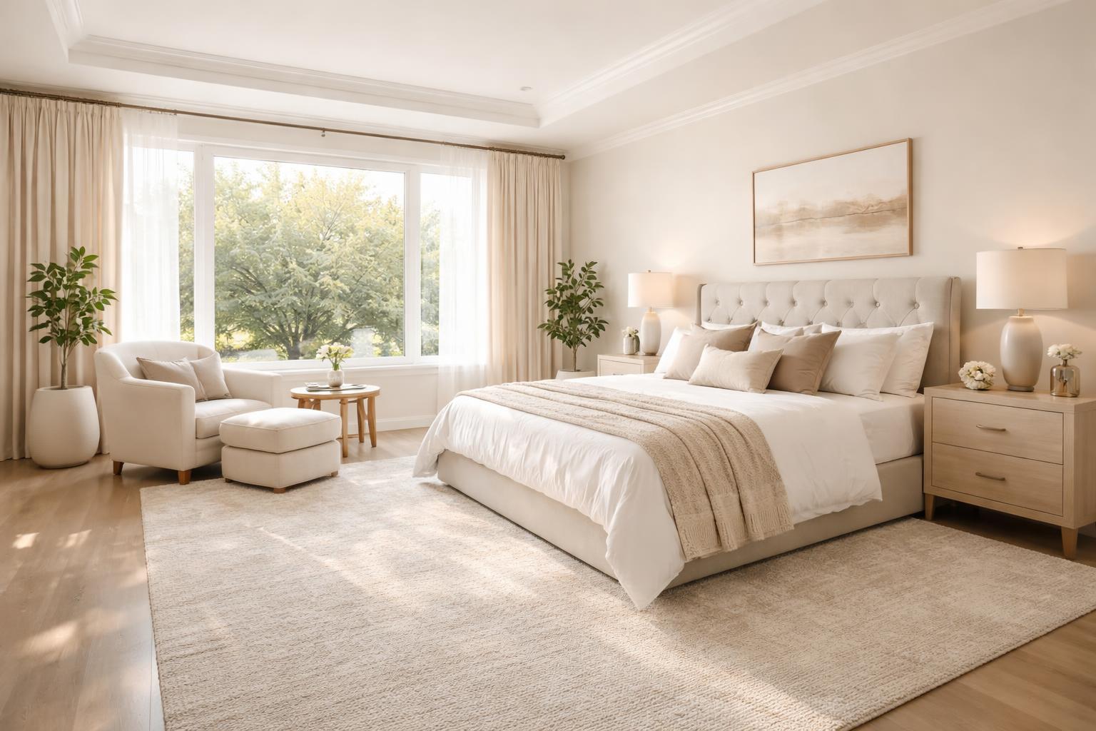 A master bedroom with a large bed and a sitting area featuring an armchair and coffee table near a window.