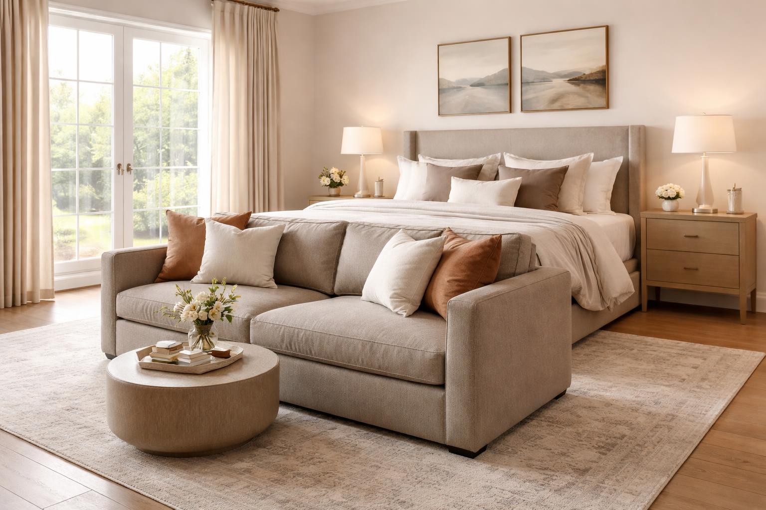 Master bedroom with a sofa lounge placed at the end of the bed, featuring natural light and elegant decor.