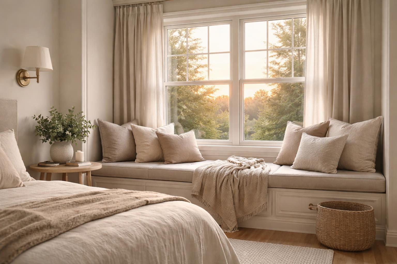 A master bedroom corner with a built-in window seat, cushions, a small side table with a plant, and natural light coming through the window.