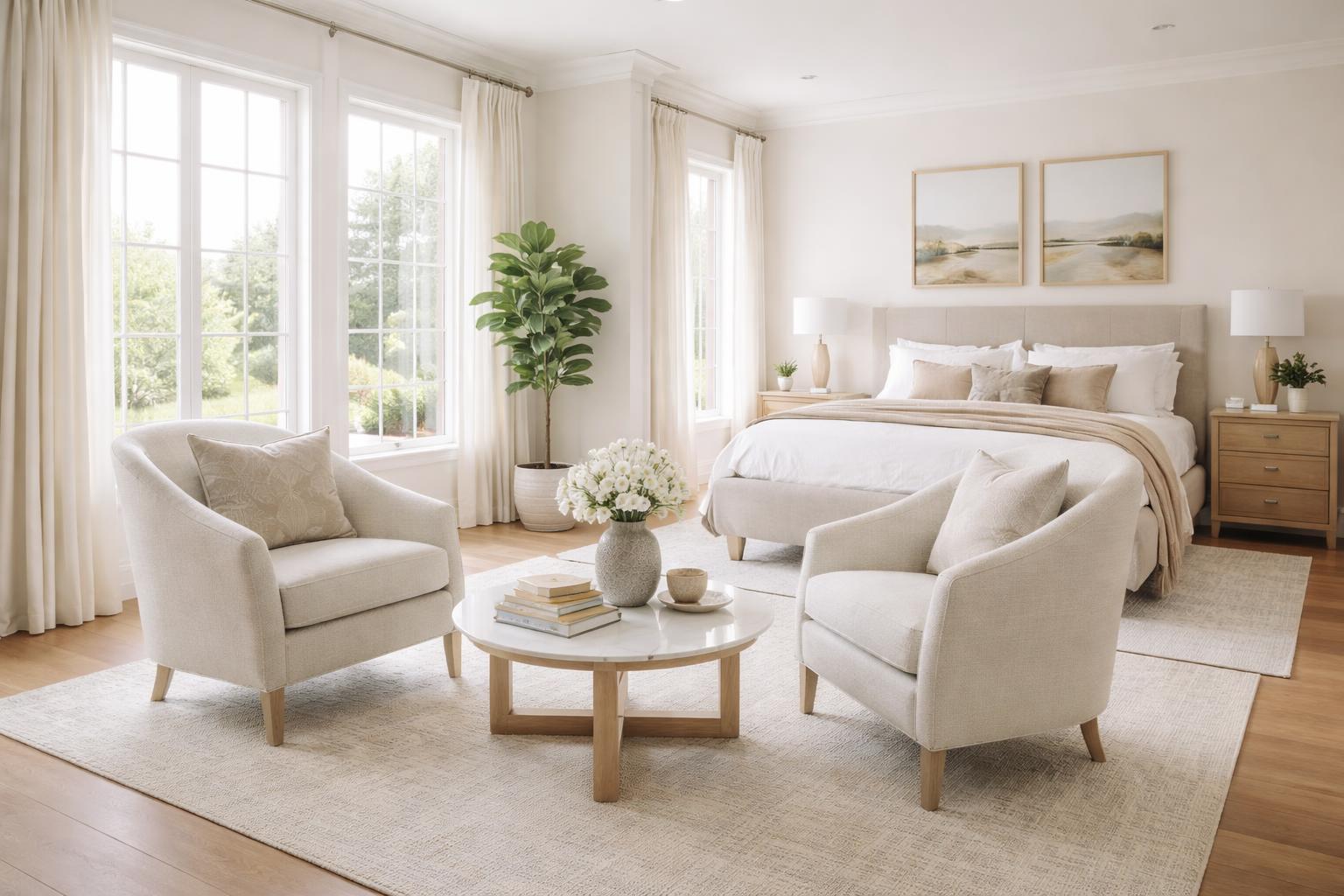Master bedroom with two accent chairs arranged around a small table in a sitting area next to the bed.