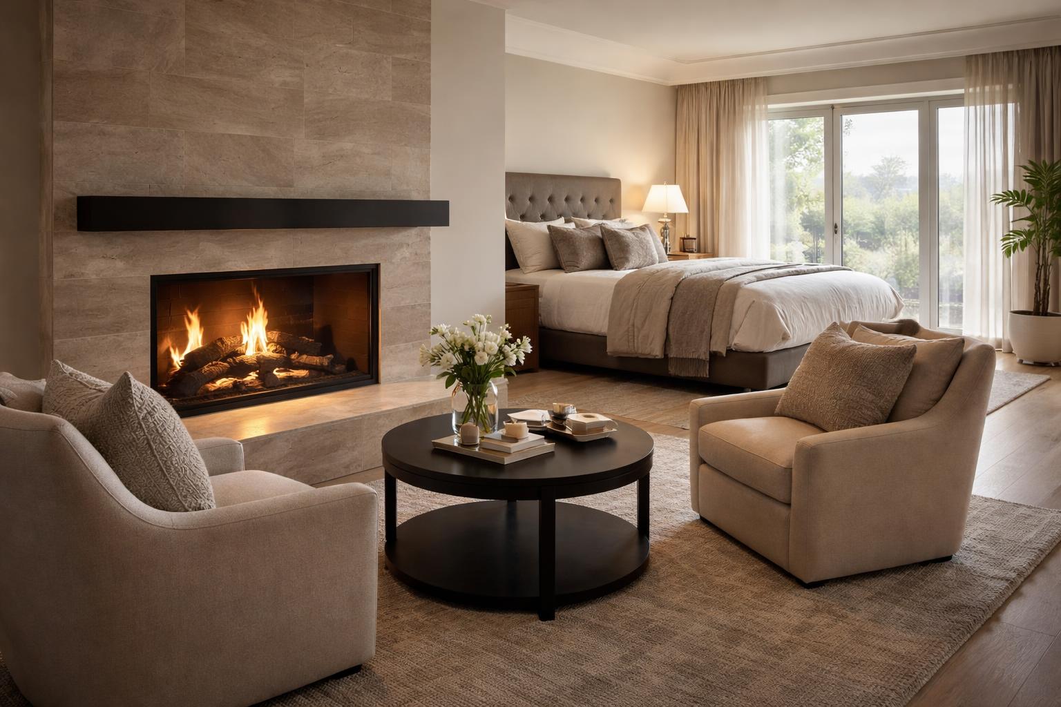 Master bedroom with a fireplace seating area including armchairs and a coffee table near a glowing fireplace.