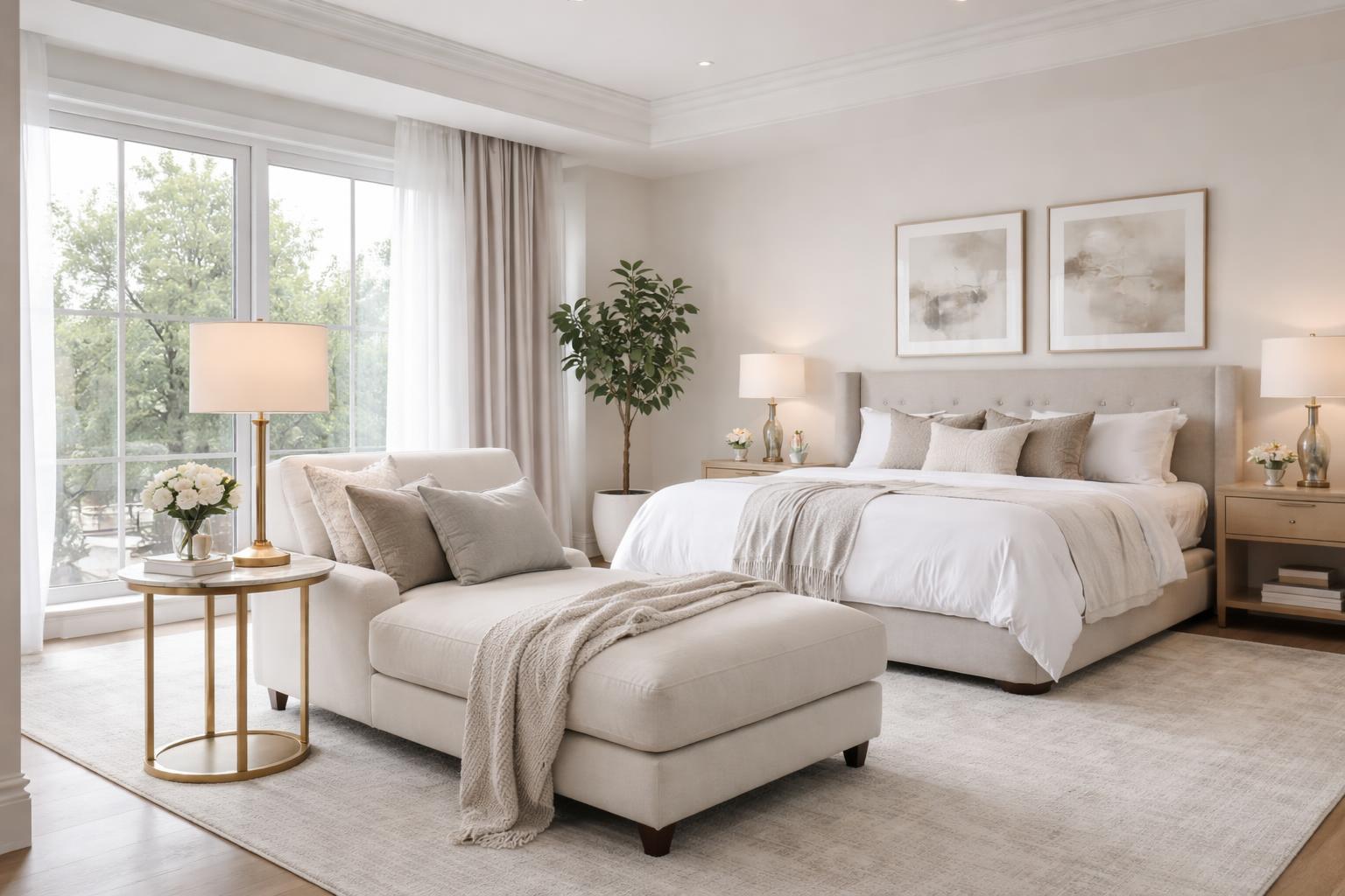 Master bedroom with a sitting area featuring a chaise lounge near a bed and large windows.