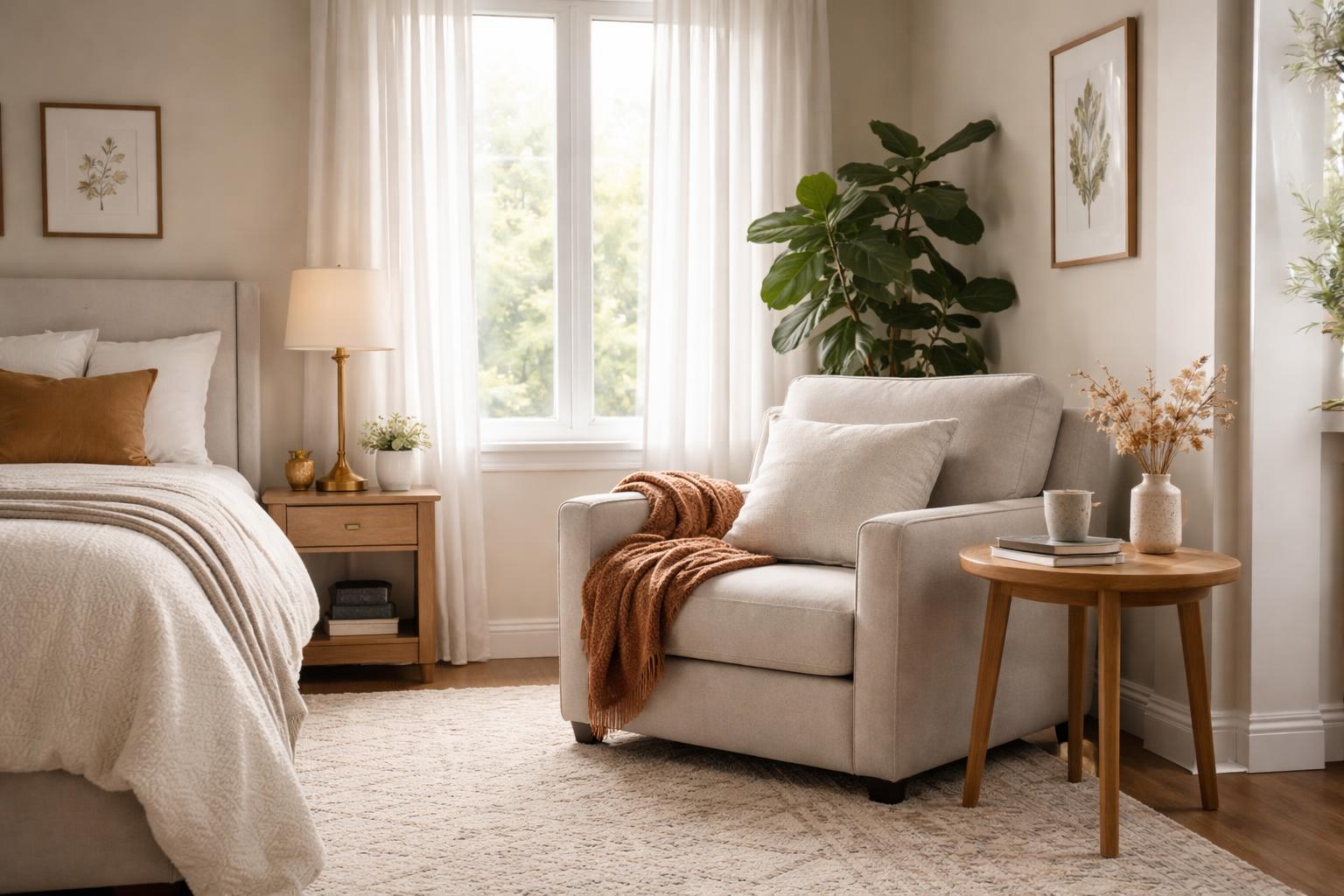 A master bedroom with a cozy reading corner featuring an armchair, side table with books, and natural light from a window.
