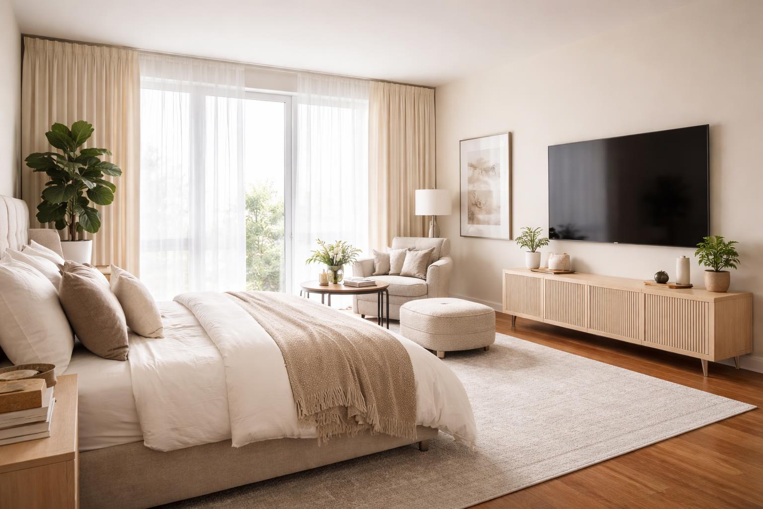 Master bedroom with a sitting area including an armchair, coffee table, and a wall-mounted TV.