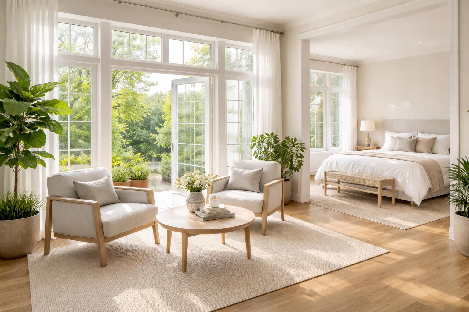 A master bedroom with a sitting area near large windows filled with natural light, featuring armchairs, a coffee table, and plants.