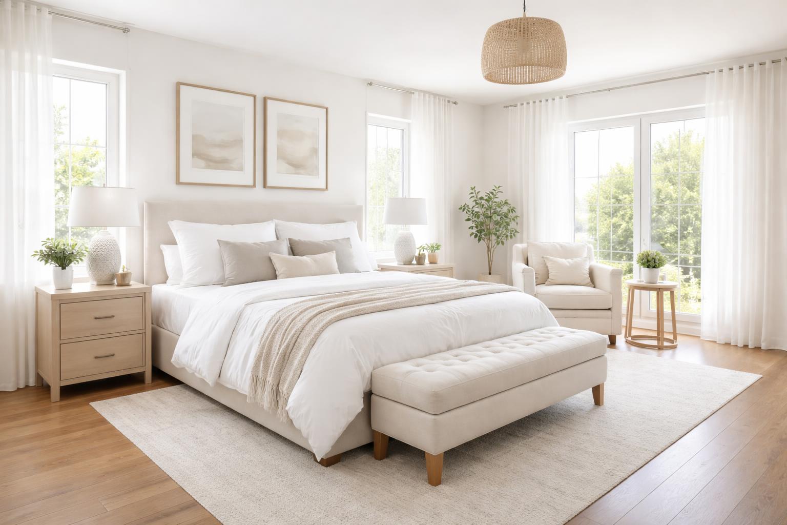 A master bedroom with a bed and a bench at the foot, next to a sitting area with an armchair and side table near large windows.