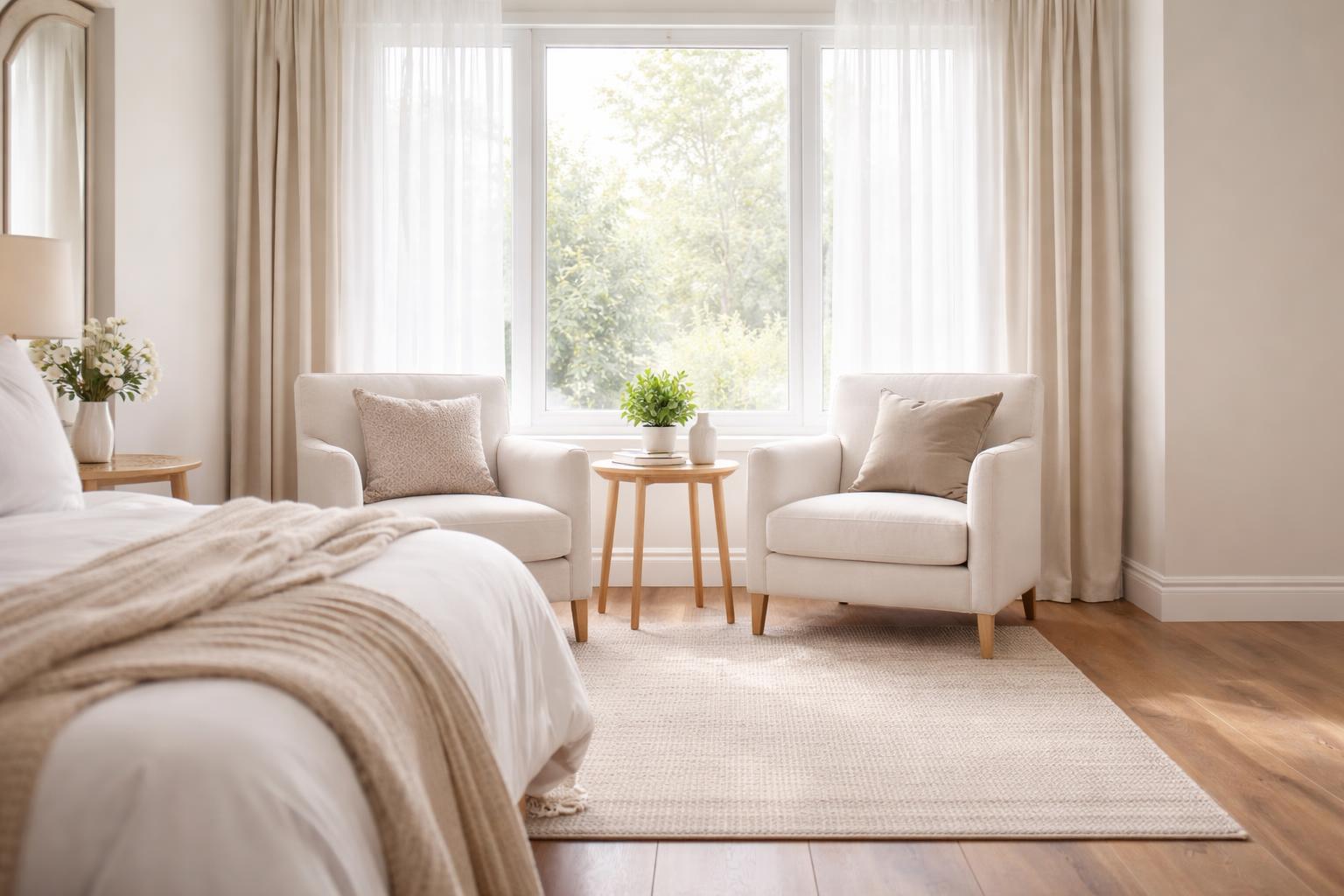 Master bedroom with two armchairs arranged by a large window and a small side table between them.