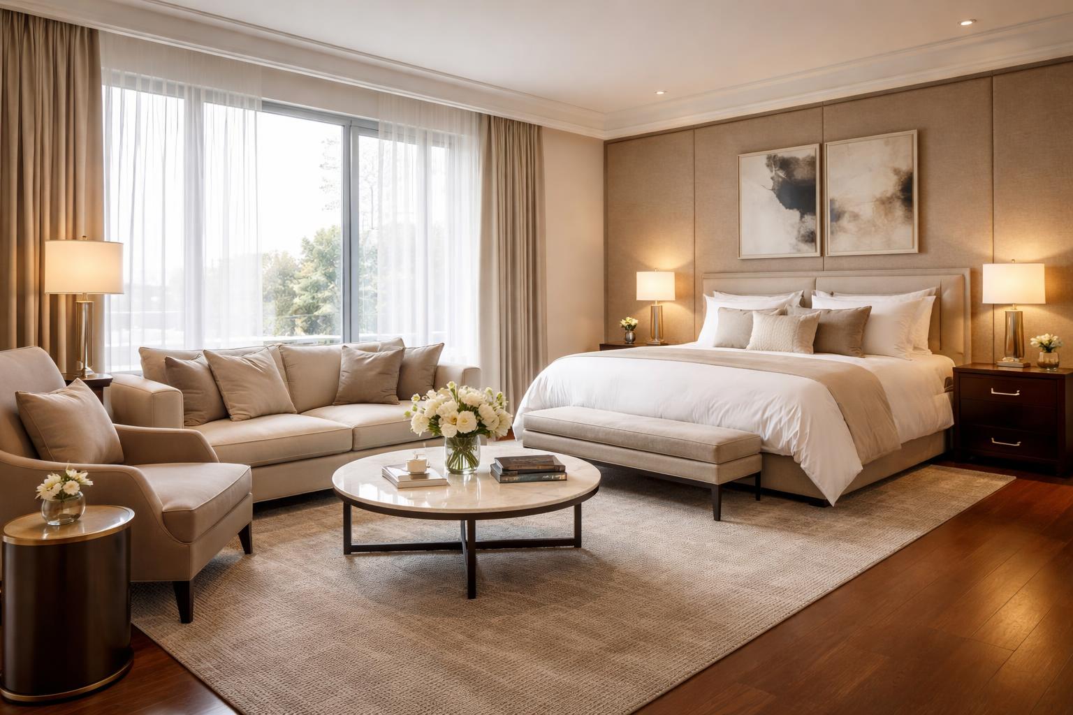 A master bedroom with a large bed and a sitting area including a sofa, armchair, and coffee table near windows letting in natural light.