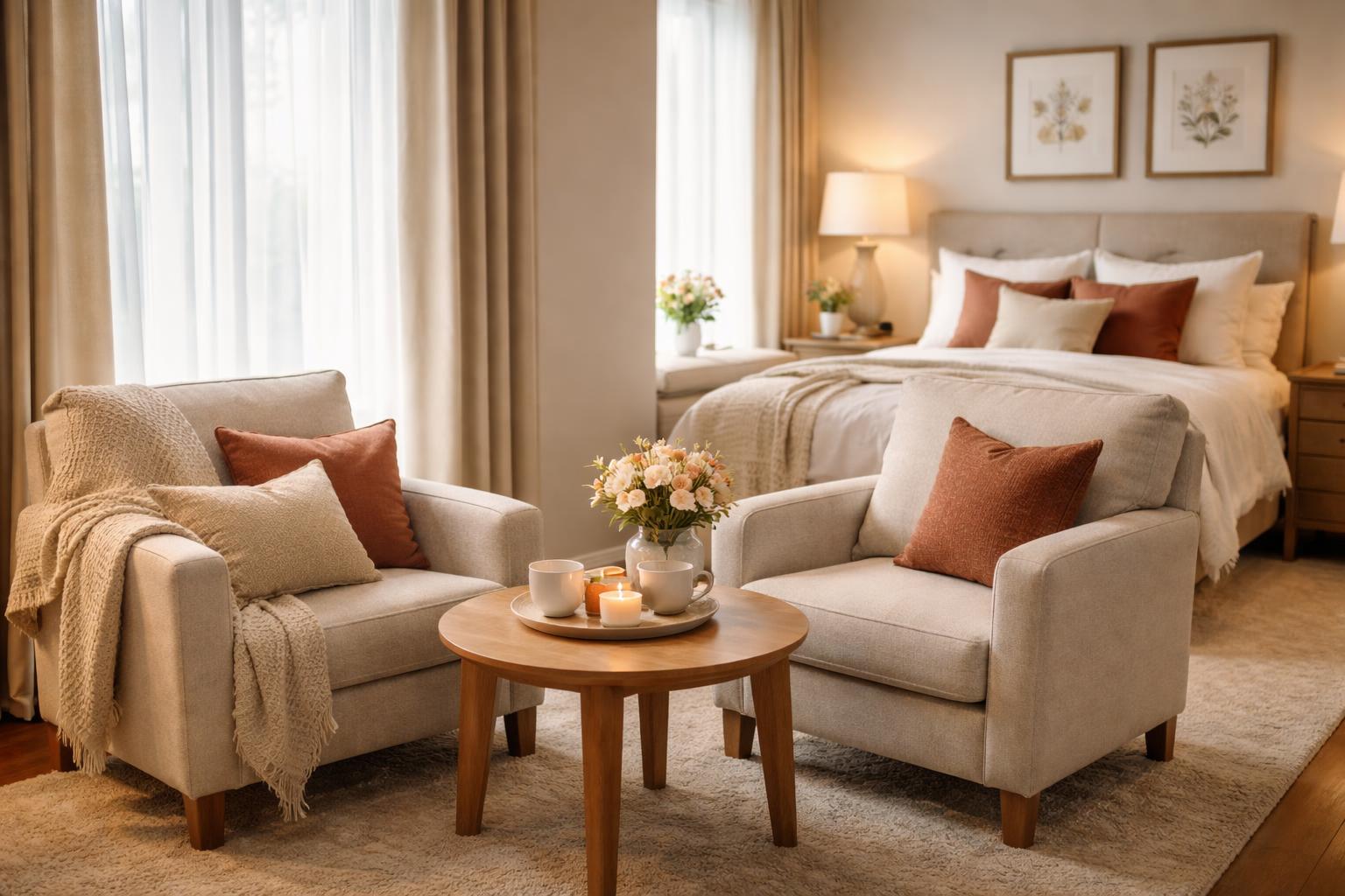 A master bedroom with a cozy seating area featuring two armchairs and a small table, softly lit by natural light.