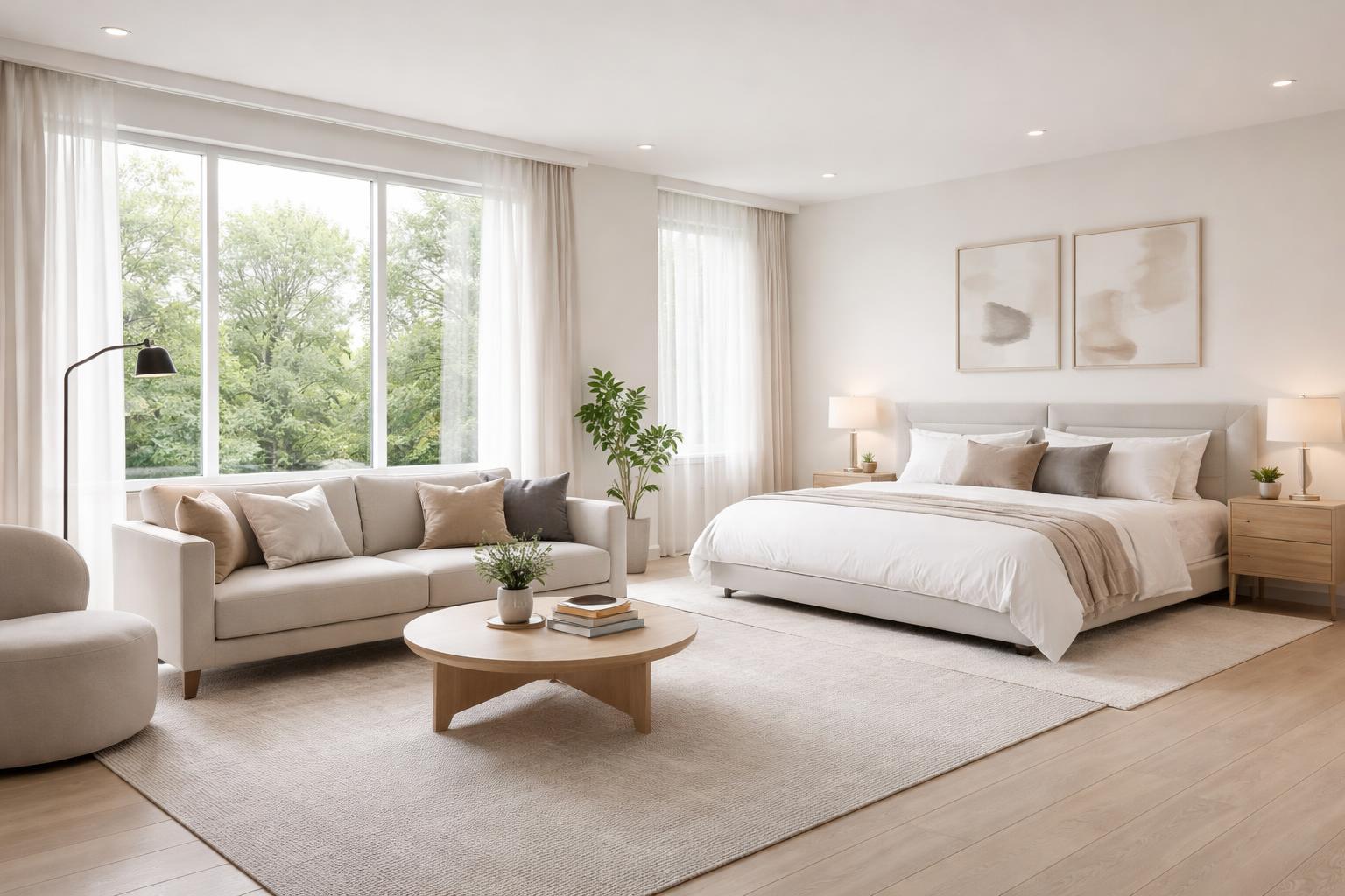 A master bedroom with a sitting area including a sofa, coffee table, bed, and large windows letting in natural light.