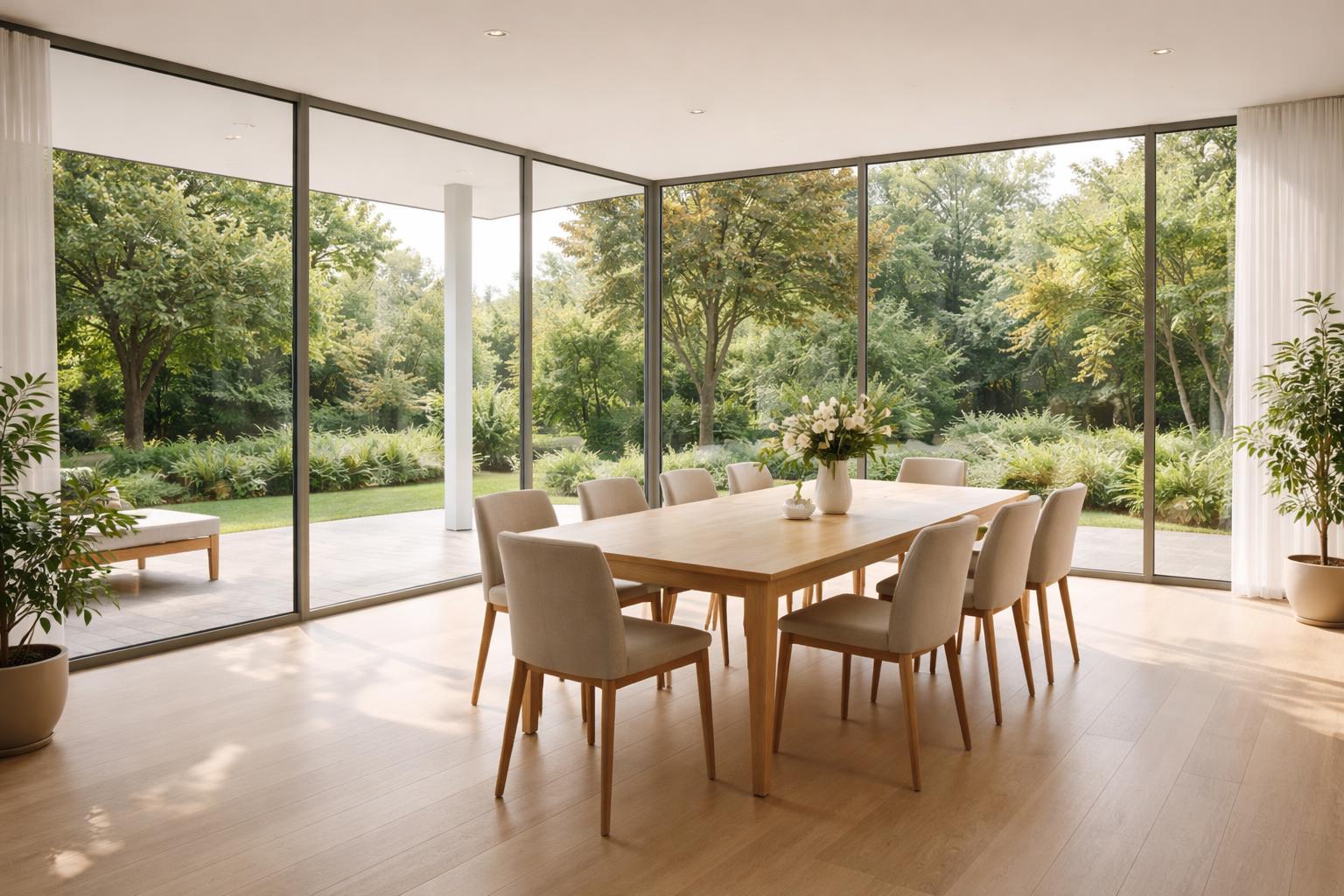 Dining room with glass walls overlooking a garden, featuring a wooden table and chairs with natural light filling the space.
