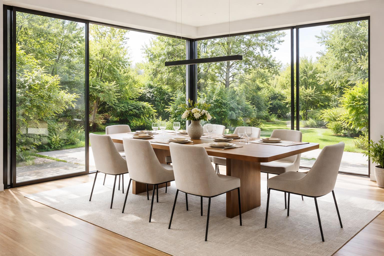 A dining room with large glass walls showing greenery outside, featuring a wooden table and chairs set for a meal.