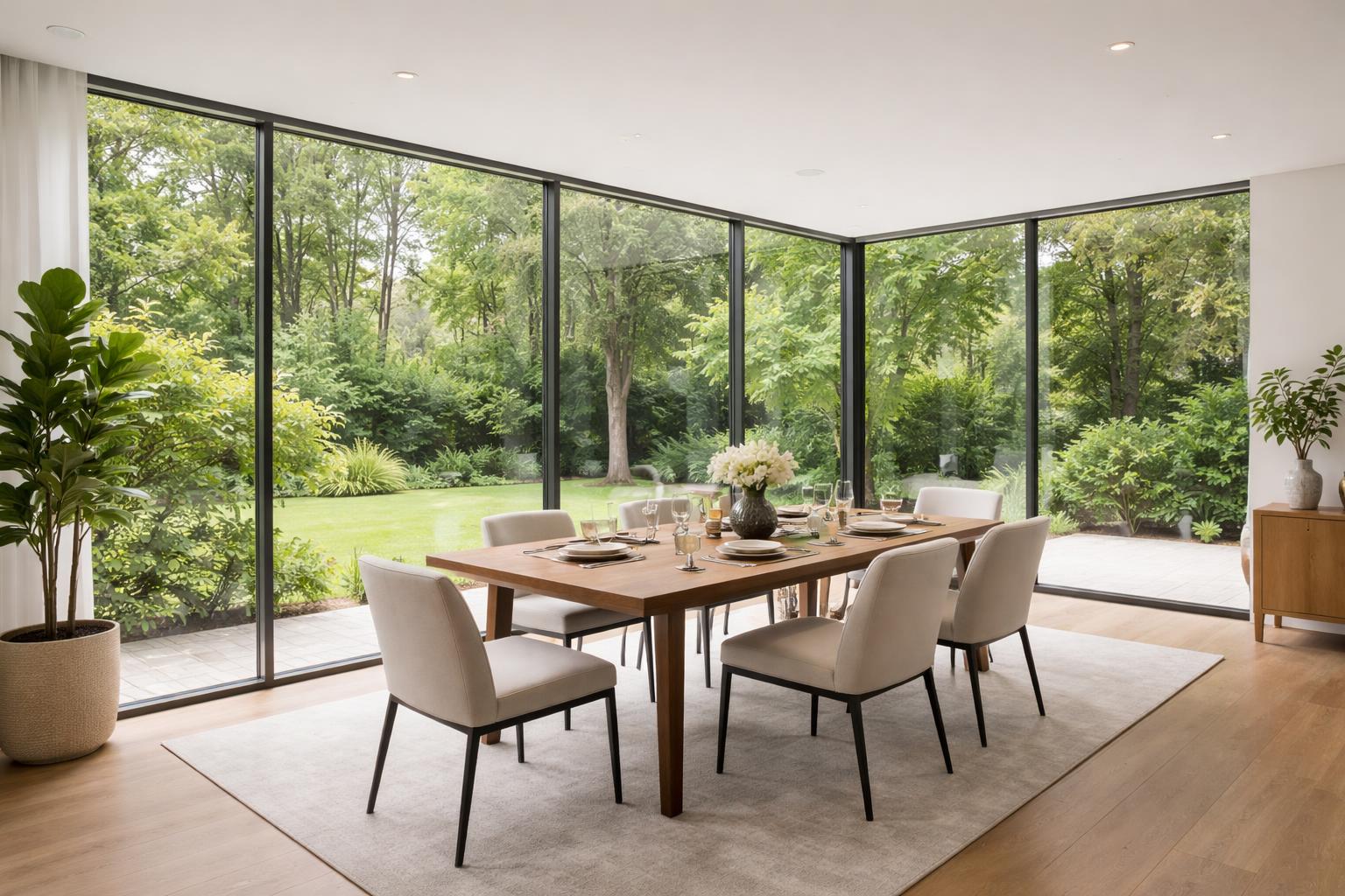 Dining room with floor-to-ceiling glass walls showing a green garden outside, a wooden table set for six, and natural light filling the space.