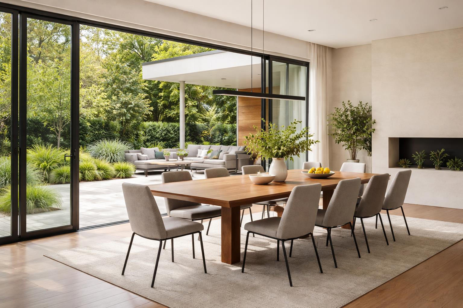 Dining room with sliding glass walls partially open to a garden, featuring a wooden table and chairs.