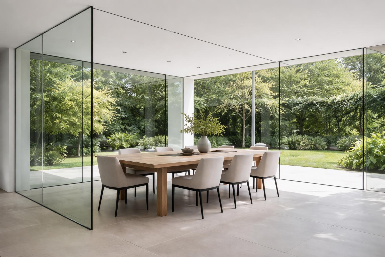 Dining room with a wooden table and chairs surrounded by clear glass walls showing a garden outside.