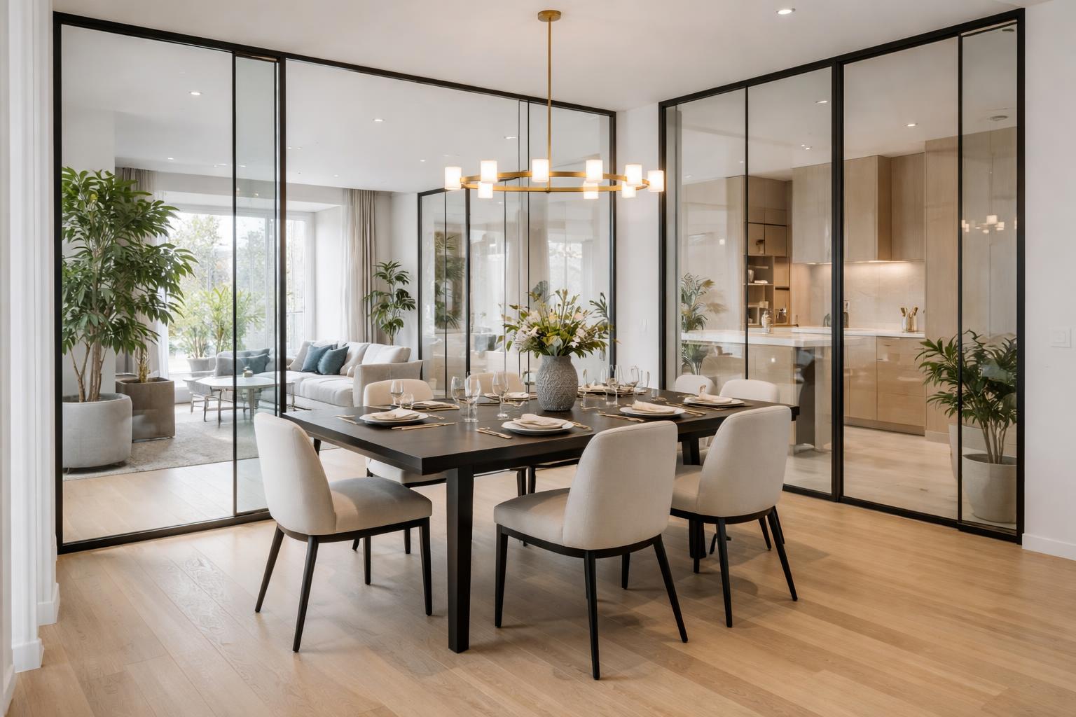 A dining room separated by clear glass partition walls with a dining table and chairs inside, surrounded by a bright and modern interior.