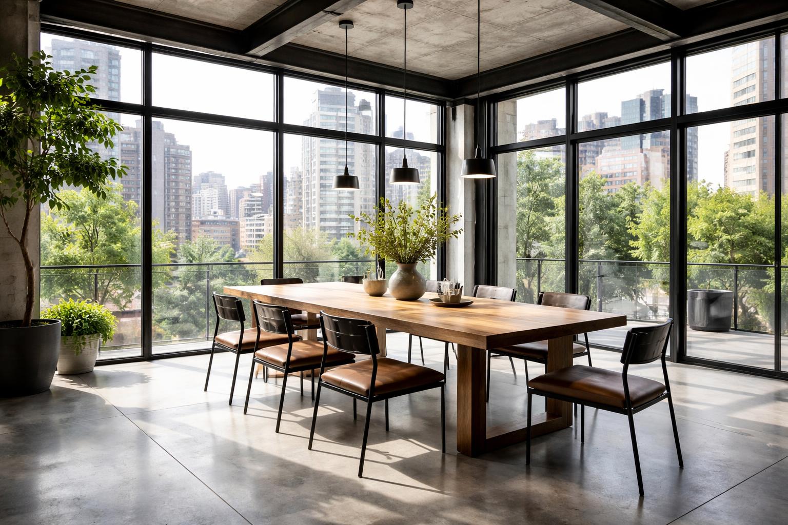 A dining room with a wooden table and metal chairs surrounded by large glass walls showing a city view.