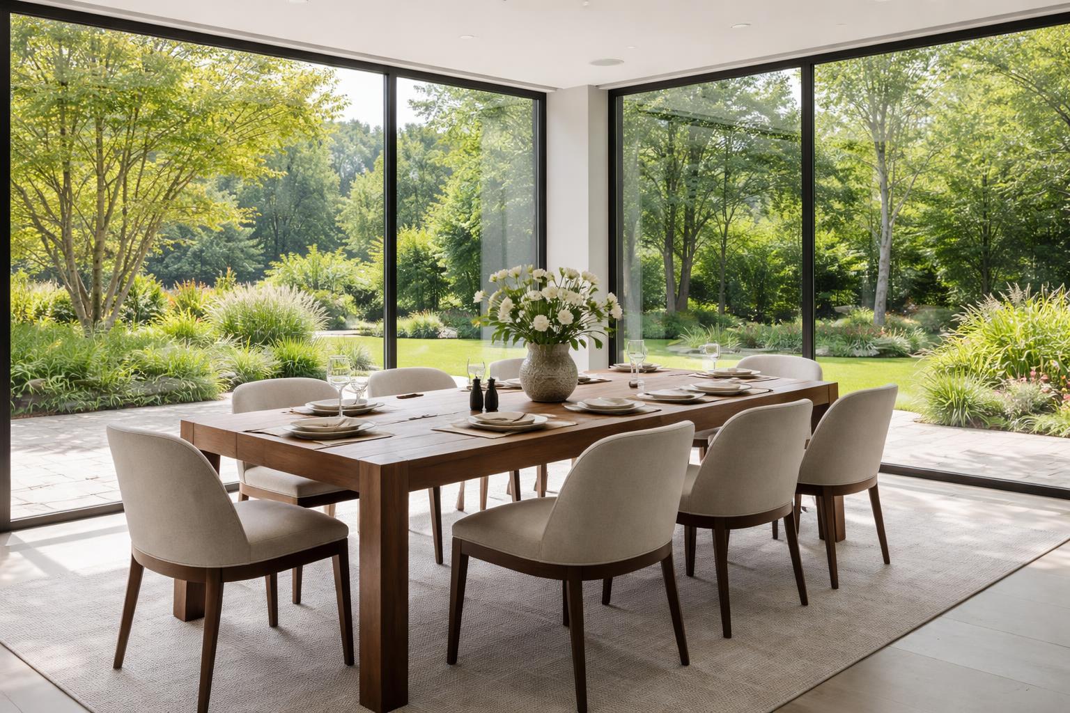 Dining room with a wooden table and chairs next to large glass walls overlooking a green garden.