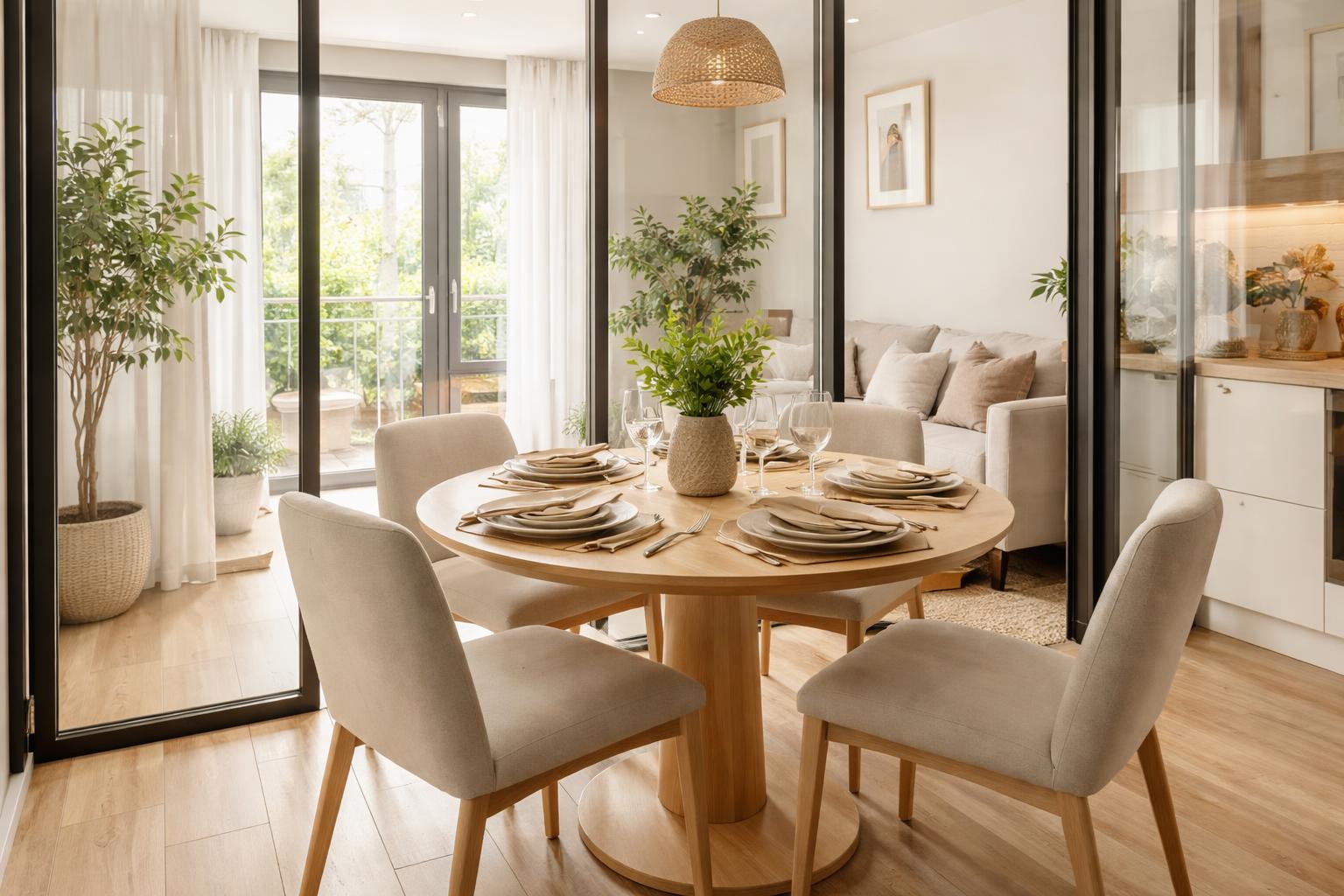 A small dining area with glass walls, a table set for four, and natural light filling the space.