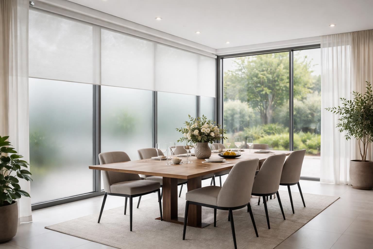A modern dining room with glass walls featuring privacy blinds, a wooden table with chairs, and natural light coming through.